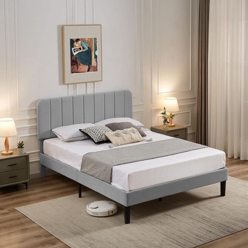 VECELO Upholstered Bed, Light Gray Queen Bed Platform Bed with ...