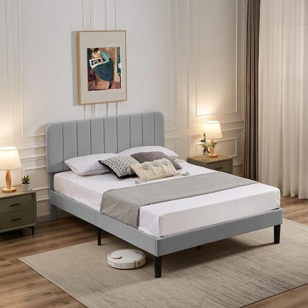 VECELO Upholstered Bed, Light Gray Queen Bed Platform Bed with ...