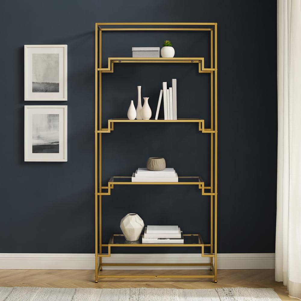 Elegant Brown Steel and Glass 77" Celeste Etagere Bookcase