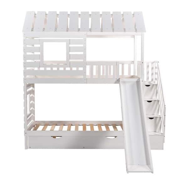 STICKON White Over Twin Size House Bunk Bed with Trundle and Slide Storage Staircase Roof and Window Design