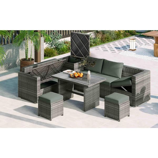SpassWay 6-Piece PE Rattan Wicker Sofa Set - Outdoor Sectional Set with Adjustable Seat, Storage Box,and Table,with Cushions,Gray
