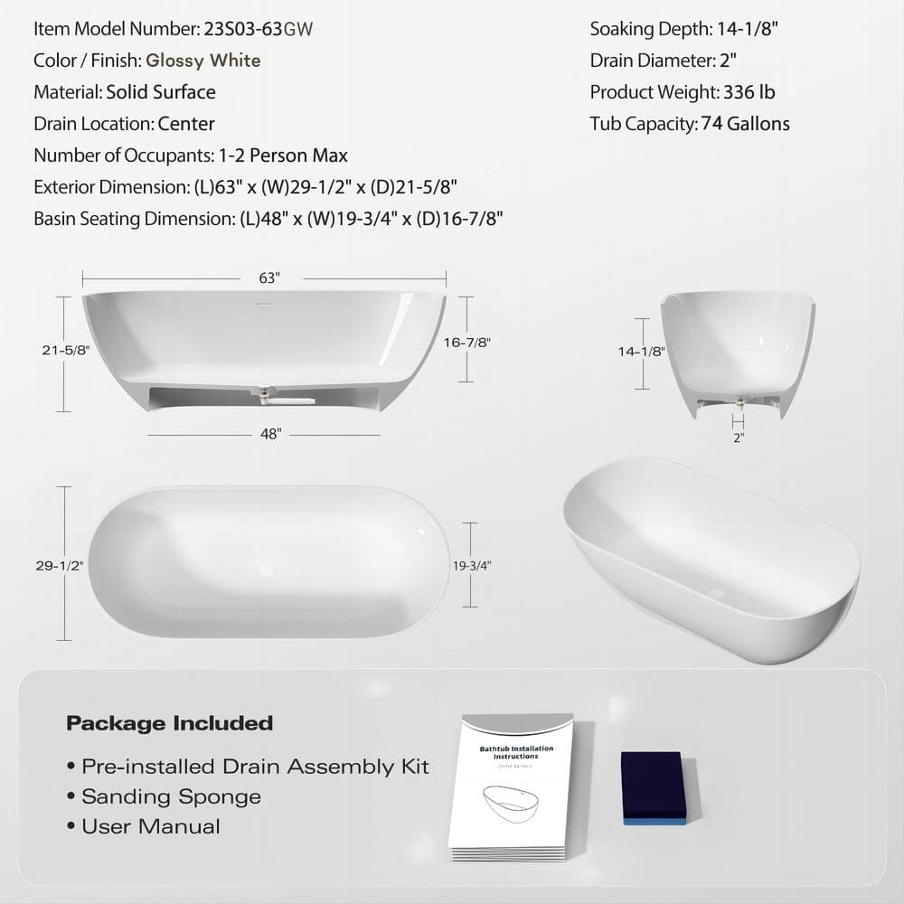 Glossy White 63" Oval Freestanding Soaking Bathtub