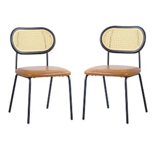 Modern Brown PU Faux Leather Upholstered Dining Chairs with Black Metal Legs PP and Rattan Back (Set of 2)