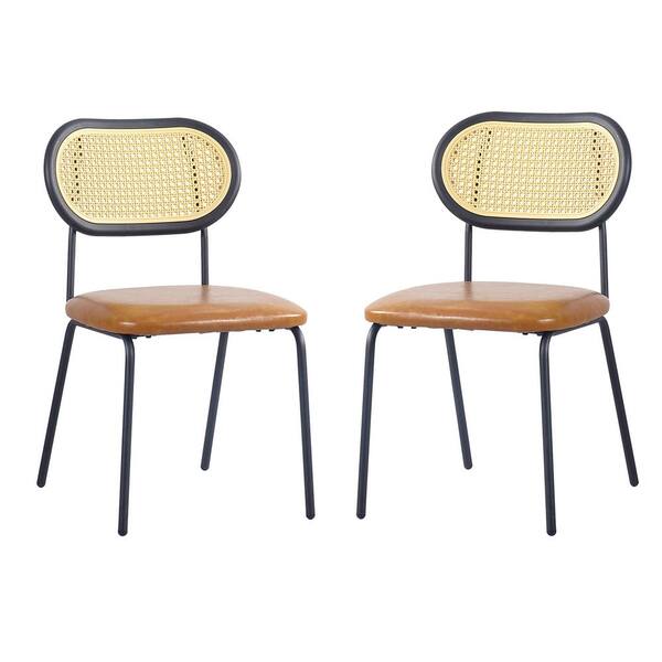 Modern Brown PU Faux Leather Upholstered Dining Chairs with Black Metal