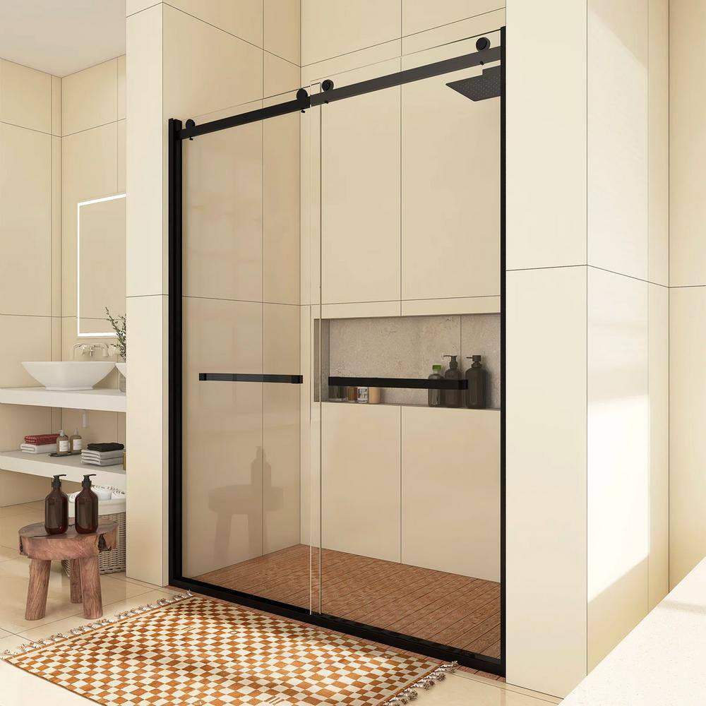 60-Inch Matte Black Frameless Sliding Shower Door with Clear Glass