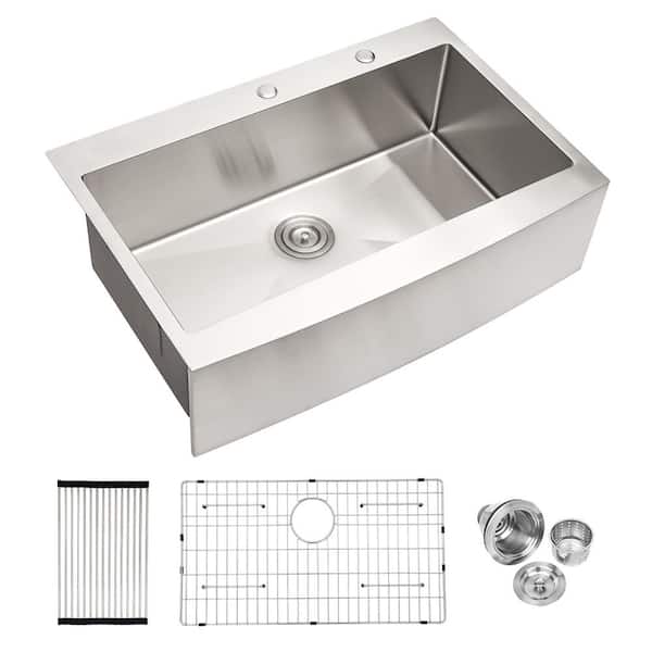 JimsMaison 33 in. Single Bowl Farmhouse Apron Brushed Nickel Stainless Steel Kitchen Sink with Sink Grid