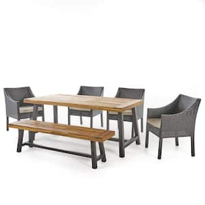 Multi-Brown 6-Piece Faux Rattan, Wood and Metal Rectangular Outdoor Dining Set with Beige Cushion