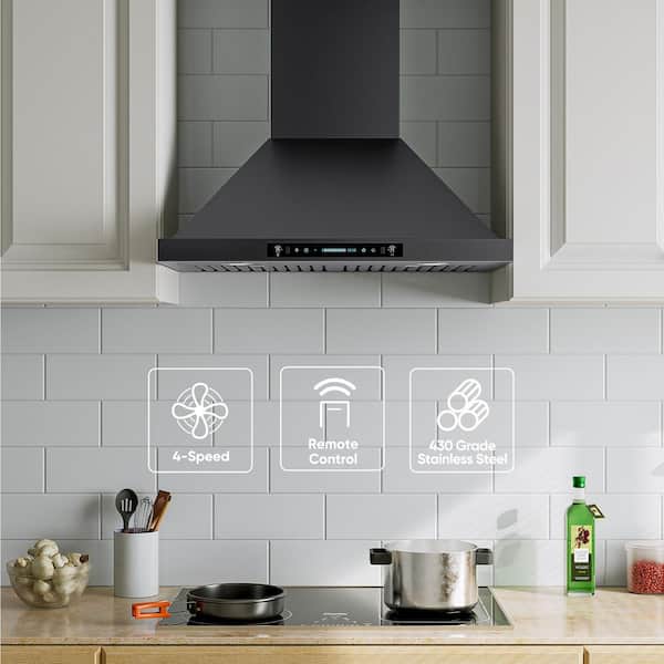 30 in. 600 CFM Convertible Ductless to Ducted Wall Mounted Range Hood in Black Stainless Steel with LED and Gesture