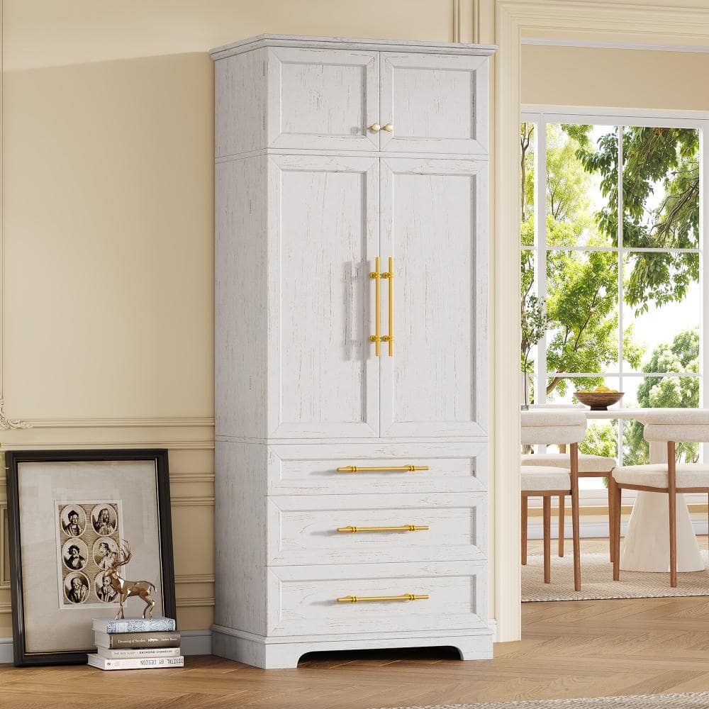 White MDF 31.5 in. W x 78.2 in. H Farmhouse Kitchen Pantry Cabinet with 8 Door Shelves and 3 Large Drawers