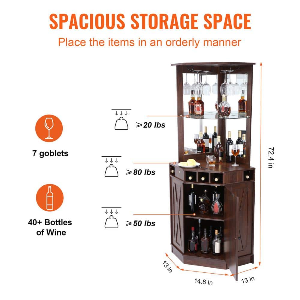 Black Walnut Corner Industrial Bar Cabinet with Glass Holder