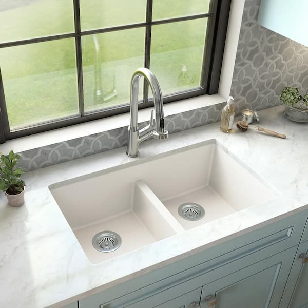Karran Quartz White 32 in. 50/50 Double Bowl Composite Undermount Kitchen Sink