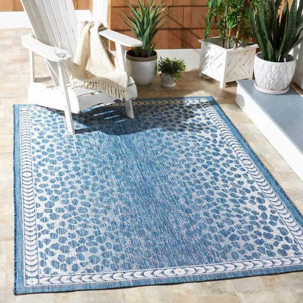 Courtyard Blue/Ivory 9 ft. x 12 ft. Arrow Border Cheetah Indoor/Outdoor Patio  Area Rug