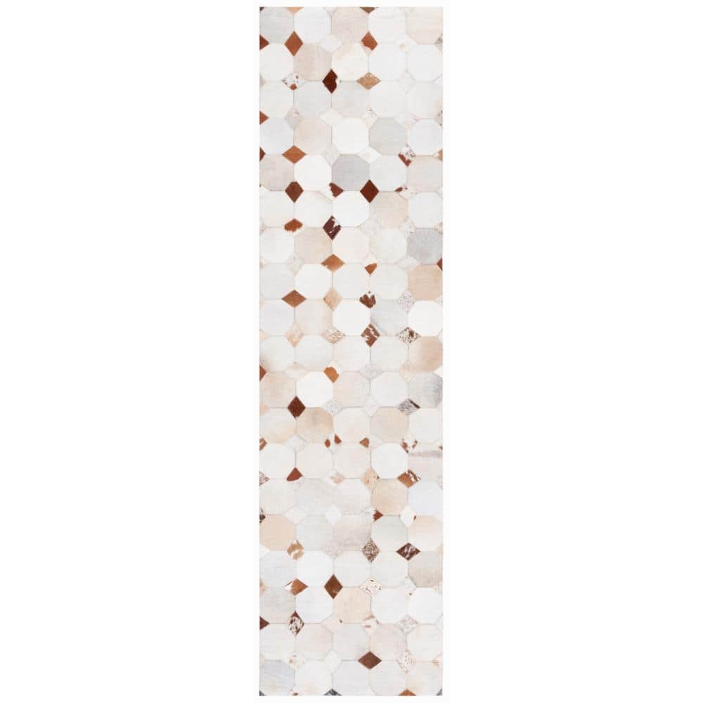 Hand-Stitched Ivory and Brown Geometric Cowhide Rug - 2'3" x 9'