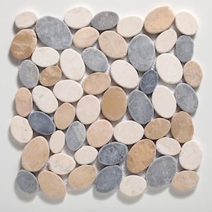 Pebble Marble Tile Tan/Off-White/Grey 11-1/4 in x 11-1/4 in x 9.5mm Mesh-Mounted Mosaic Tile (9.61 sq. ft./case)