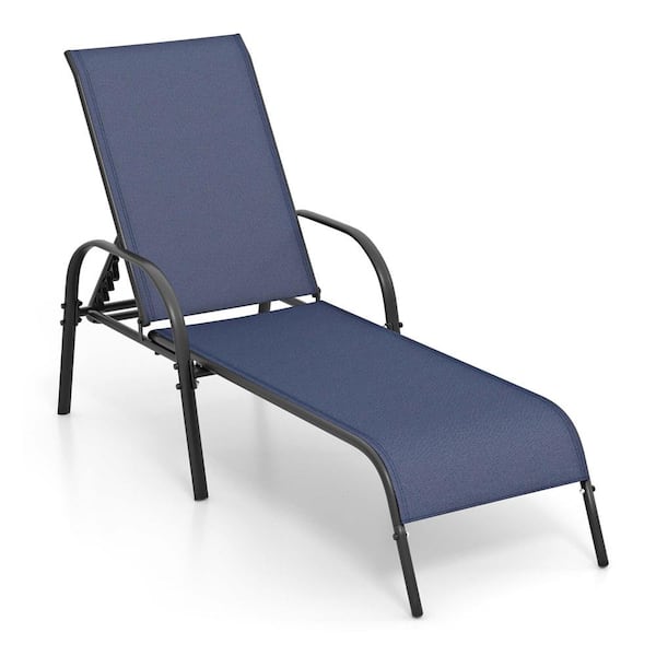 Costway Patio Chaise Navy Adjustable Reclining Powder-Coated Steel Frame Outdoor Lounge Chair in Navy Set of 1