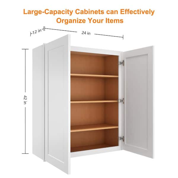 Newport Shaker White Ready to Assemble Wall Cabinet with 2-Doors 3-Shelves (24 in. W x 42 in. H x 12 in. D)