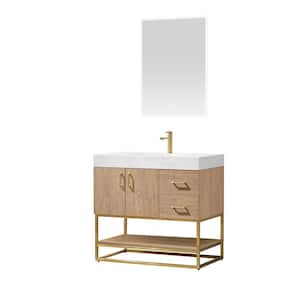 Alistair 36 in. Bath Vanity in North American Oak with Grain Stone Top in White with White Basin and Mirror