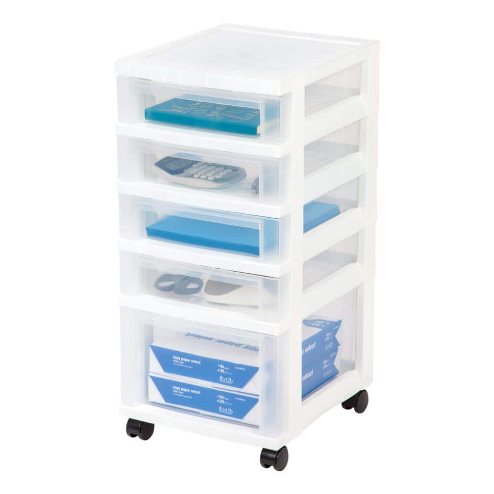 IRIS USA 5 Drawer Clear Plastic Drawer Cart Rolling Storage, White