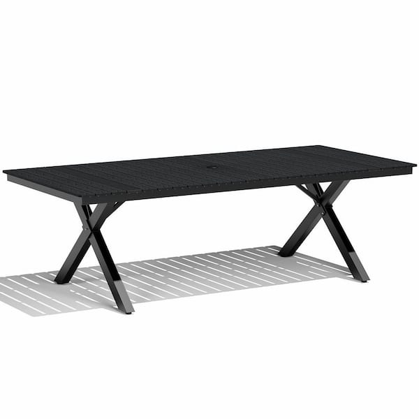 94 in. Aluminum Frame Rectangular Outdoor Dining Table in Black with Umbrella Hole