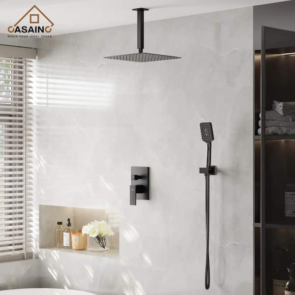 3-Spray with 2.5 GPM 12 in. 2 Functions Tub Ceiling Mount Dual Shower Heads in Spot in Matte Black (Valve Included) 3-Spray with 2.5 GPM 12 in. 2 Functions Tub Ceiling Mount Dual Shower Heads in Spot in Matte Black (Valve Included)