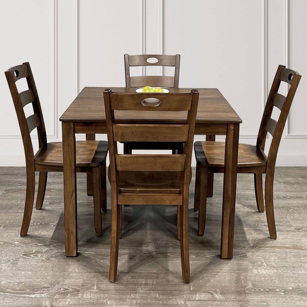 Walnut Solid Wood 5-Piece Dining Set with Slat Back Chairs