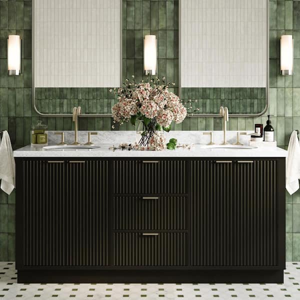 Milan 73 in. W x 21.5 in. D x 36 in. H Double Sink Bath Vanity in Black with Italian Carrara Marble Top