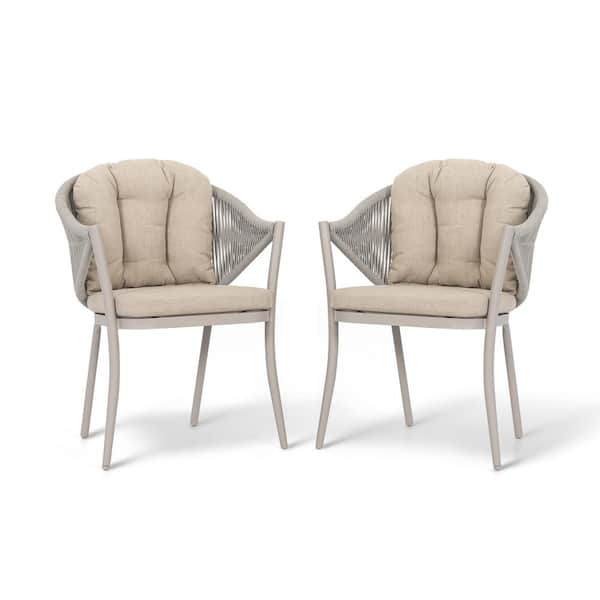 Aluminum and Woven Rope Outdoor Arm Dining Chair with Removable Beige Cushions (2-Pack)