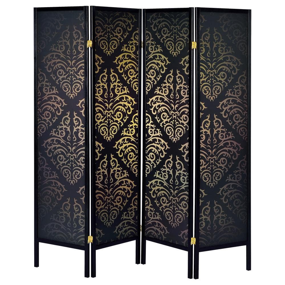 Elegant Black and Gold Damask 4-Panel Folding Screen