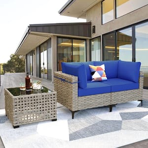 Apollo 3-Piece Wicker Outdoor Patio Conversation Seating Set with Navy Blue Cushions