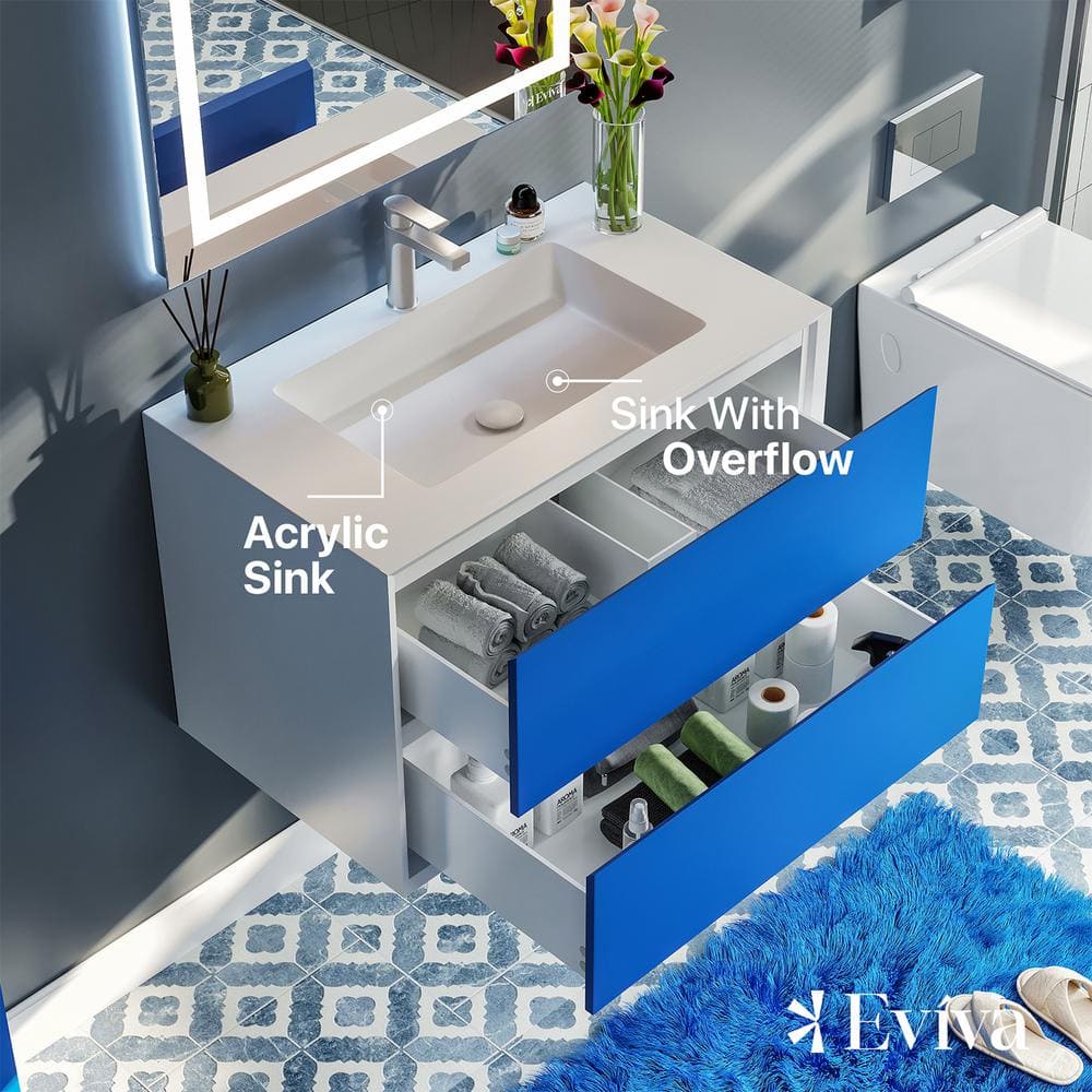 Vienna 36" Blue and White Wall-Mount Bathroom Vanity with Integrated Acrylic Top