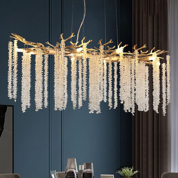 39.4 in. 8-Light Modern Gold Cascading Crystal Strands Chandelier for Living Room Bedroom Dining Room