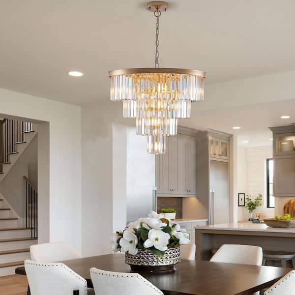 12-Light Gold 4-Tier Crystal Round Chandelier with Adjustable Hanging Height for Kitchen Island (Bulb Not Included)