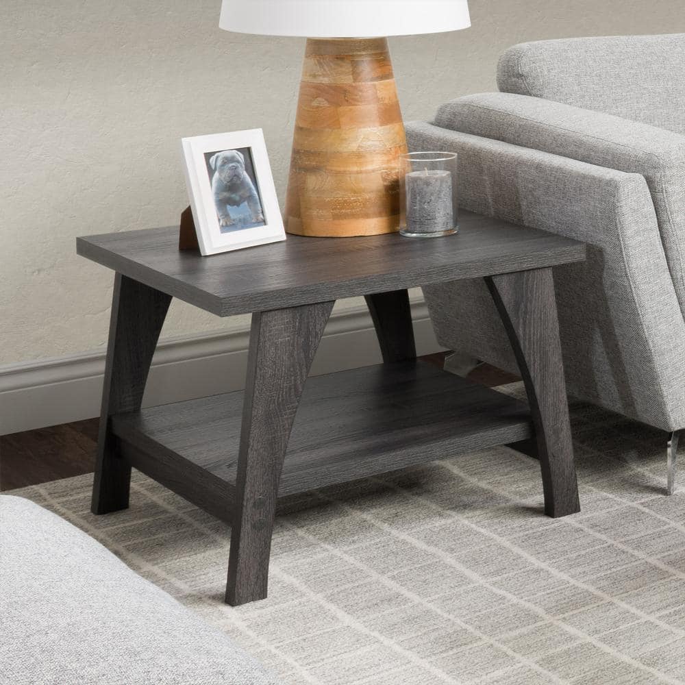 Dark Gray Square Wood Side Table with Lower Shelf