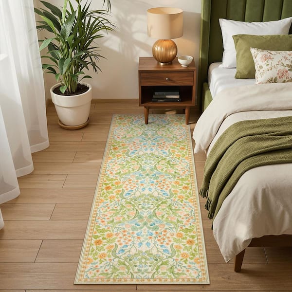Multi-Colored Floral Plant Washable Sage Green 2 ft. x 6 ft. Runner Rug