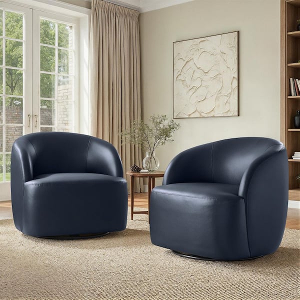 JAYDEN CREATION Braisee Modern Navy Faux Leather Barrel Chair Set