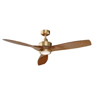 Maywood 52 in. LED Indoor Satin Brass Mid-Century Modern MCM Wood Propeller Ceiling Fan with Light Kit and Remote