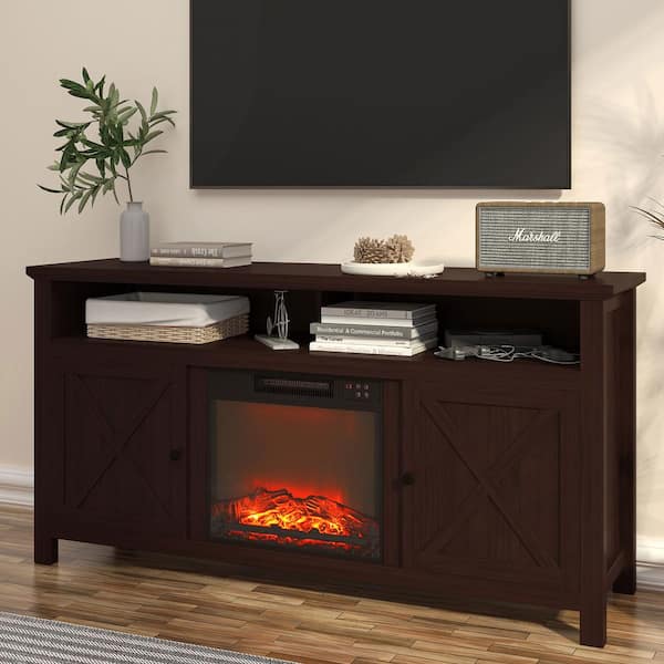 58 in. Freestanding MDF Electric Fireplace TV Stand with Shelves in Brown