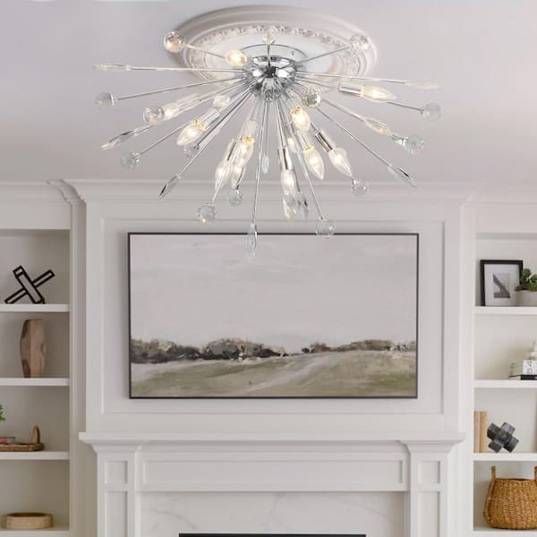 LLHZSY 31.5 in. 12-Light Chrome Sputnik Firework Crystal Flush Mount Ceiling Light