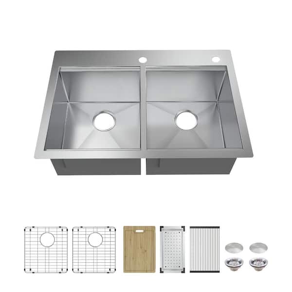 Glacier Bay Professional Zero Radius 33 in. Drop-In Double Bowl 16 Gauge Stainless Steel Workstation Kitchen Sink with Accessories