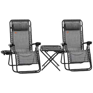 Gray Zero Gravity Chair Set with Side Table, Folding Reclining Chair with Cupholders and Pillows for Pool,Backyard,Lawn