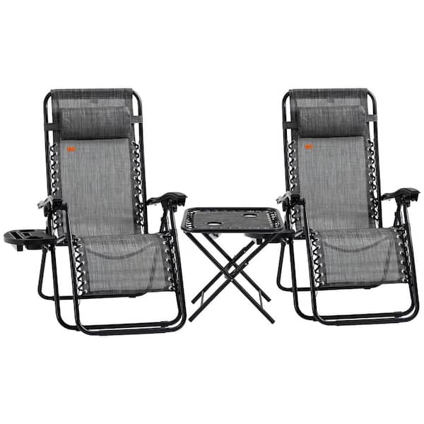 Unbranded Gray Zero Gravity Chair Set with Side Table, Folding Reclining Chair with Cupholders and Pillows for Pool,Backyard,Lawn