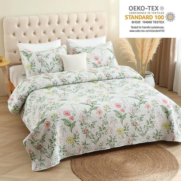 3 Piece Microfiber Reversible Watercolor Green Flowers Spring Floral Queen Quilt Set Bedspreads Coverlets