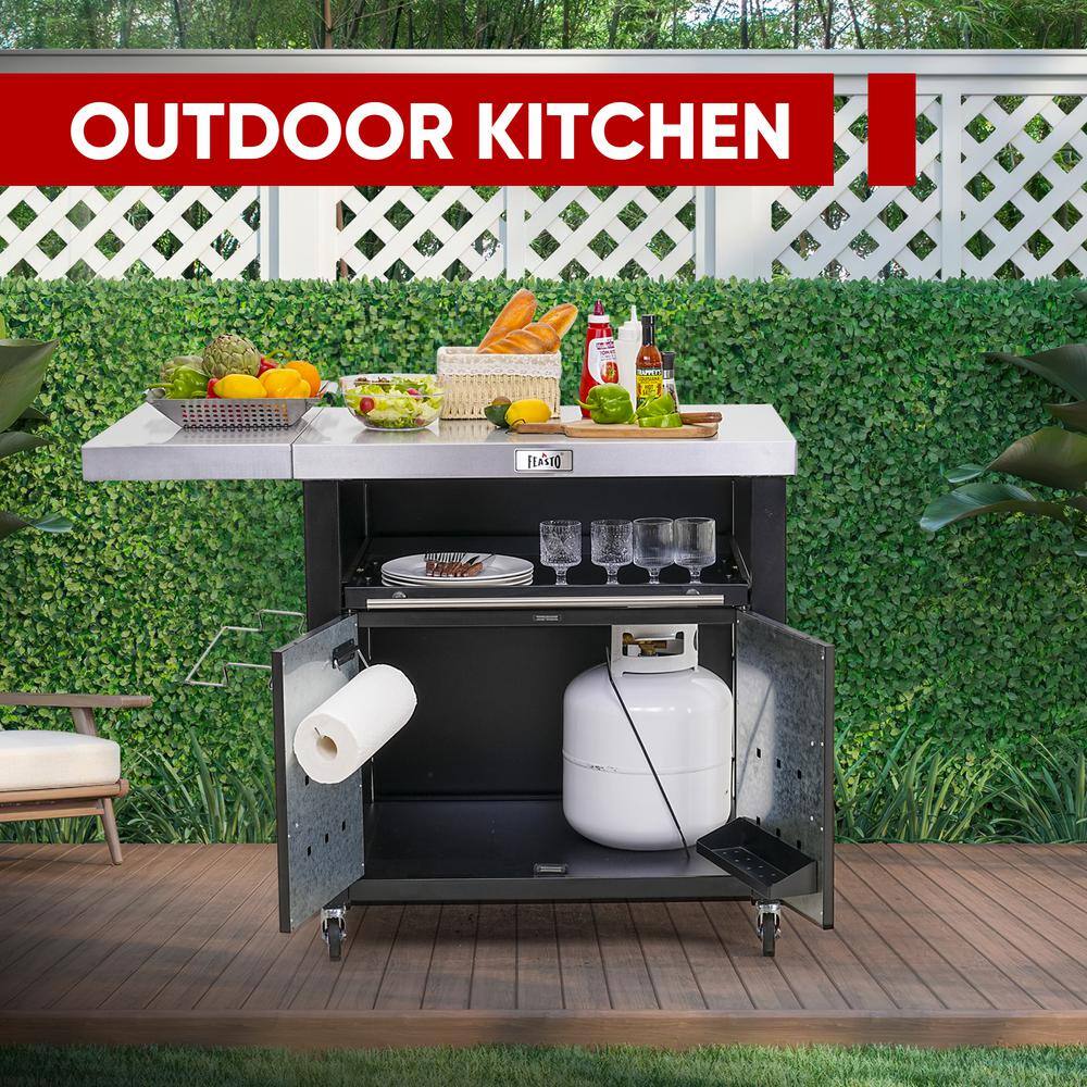 Black Stainless Steel Outdoor Kitchen Cart with Foldable Side Tables