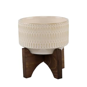 4 in. Ivory White Palsley Ceramic Pot on Wood Stand