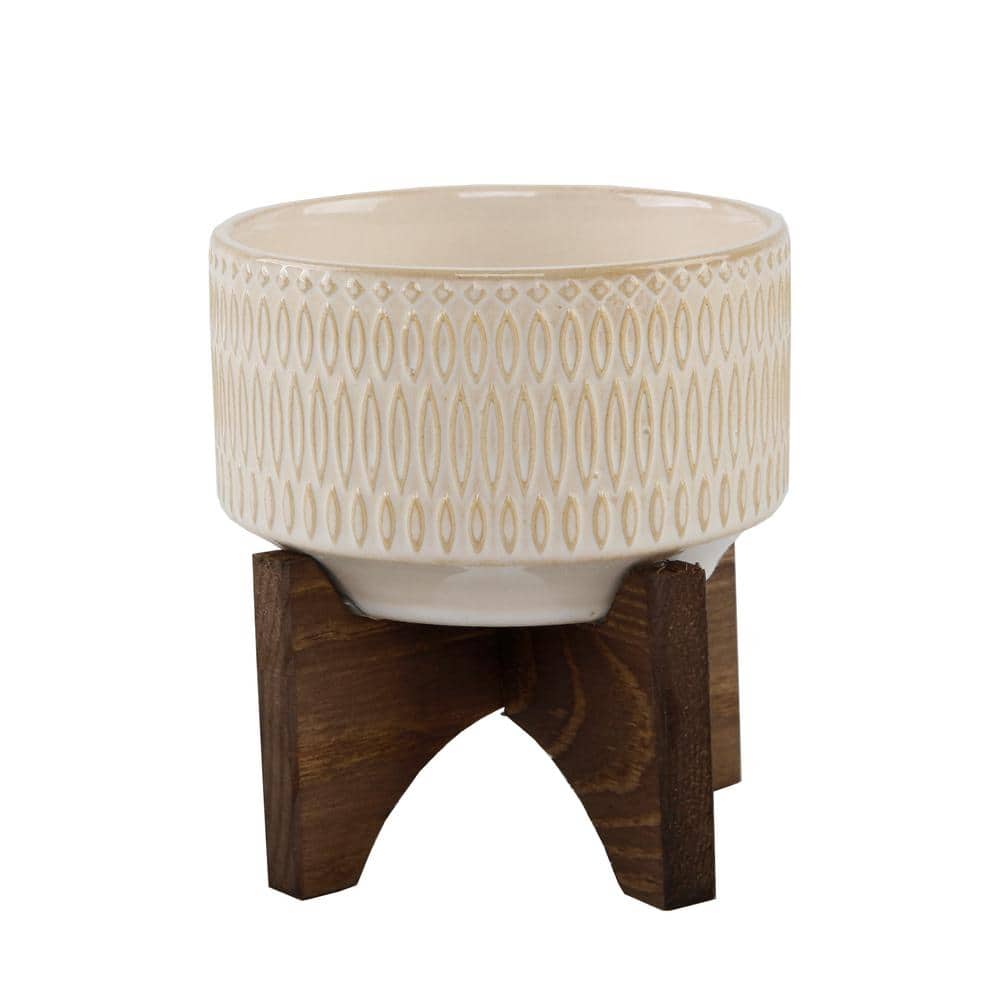 4.3 in. Gianna Small Ivory White Ceramic Pot (4.3 in. D x 4.75 in. H) with Stand