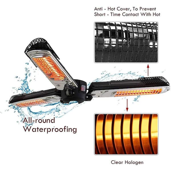 electric halogen umbrella patio heater Unbranded 1500-Watt Foldable Electric Black Patio Heater Umbrella with 3  Heating Panel AM1121C-209