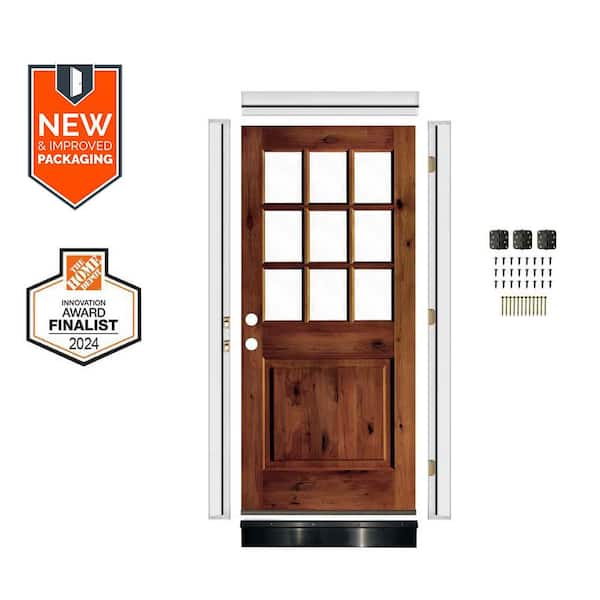 36in.x80in. RH 9-Lite Clear Glass RedChestnut Stain Alder Wood AssemblyRequired Front Door Kit w/QuickAssembleJamb