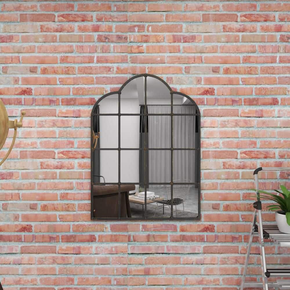 Arched Black Metal Window Pane Wall Mirror