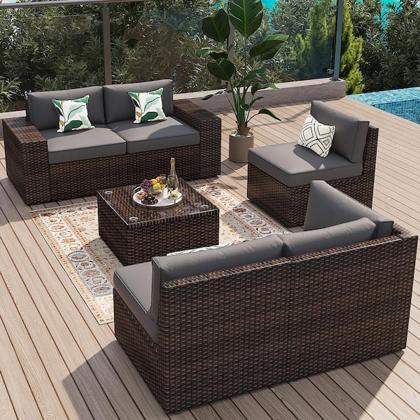 Gray 6-Pieces Rattan Wicker Steel Patio Outdoor Sectional Set with Black Cushions, Coffee Table and Cover