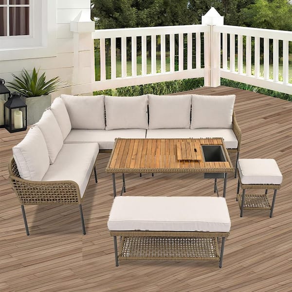 Unbranded 6-Piece Wicker Outdoor Patio Sectional Sofa Set with Beige Cushions, Ice Box, Rope Benches and 1-Acacia Wood Table